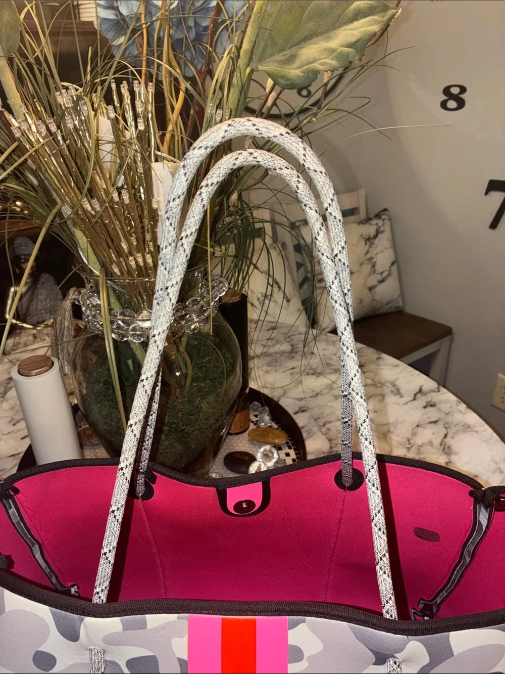 HAUTE SHORE Gray Camo Tote with Pink and Neon-Orange Stripe